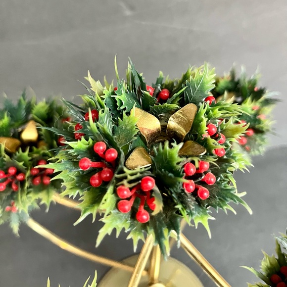 VTG Candelabra Christmas Tree Brass Plastic Holly MCM Candle Holder Centerpiece - Picture 3 of 6